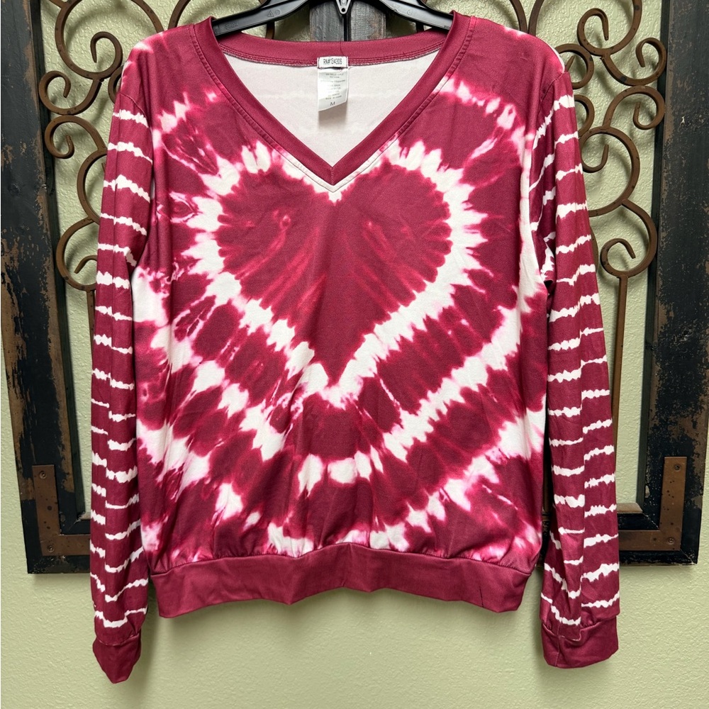 Burgundy and White Tie-Dye Heart Sweatshirt